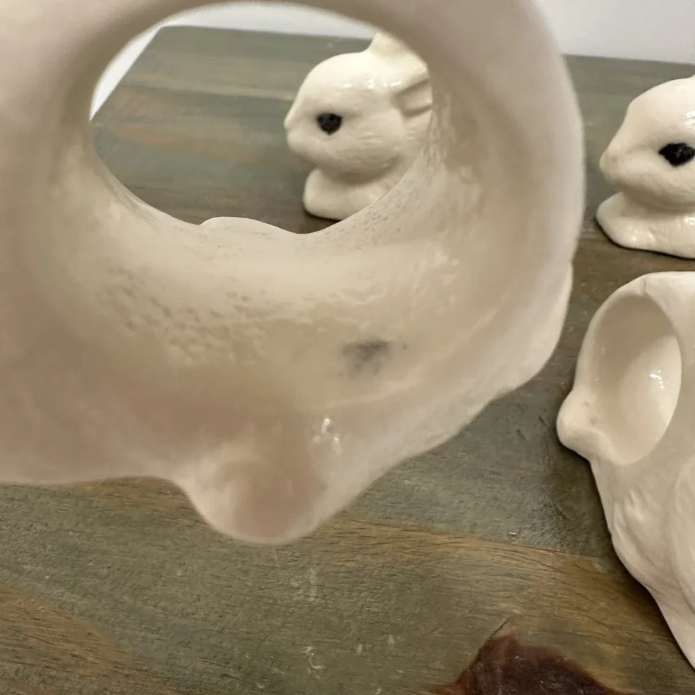 Set Of 6 Ceramic White Bunny Rabbit Napkin Ring Holders Handmade Easter Bunnies